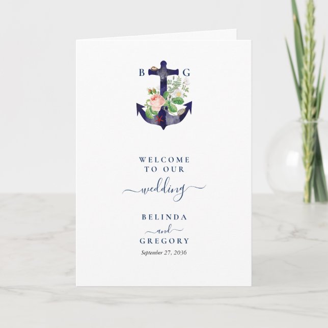 Anchor Floral Nautical Wedding Order of Service Programme (Front)