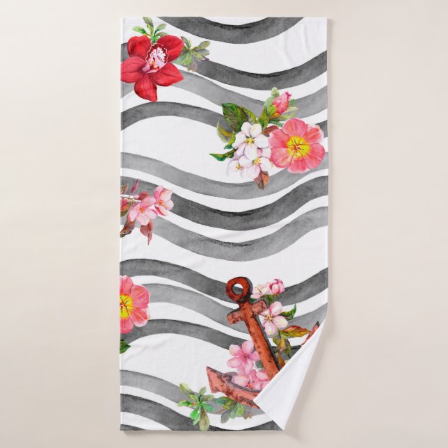 Anchor, flowers and sea waves. Seamless pattern wi Bath Towel (Bath Towel)