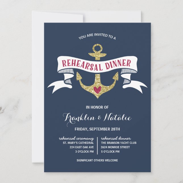 Anchor Glitter-Look Nautical Rehearsal Dinner Invitation (Front)