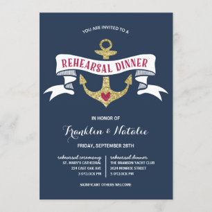 Anchor Glitter-Look Nautical Rehearsal Dinner Invitation