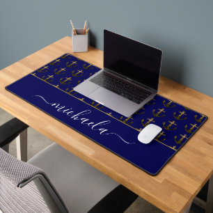 Anchor Gold faux sparkles navy blue Monogram name Desk Mat