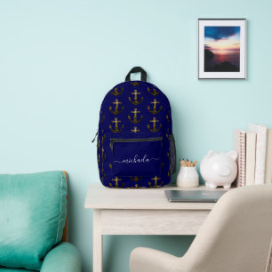 Anchor Gold faux sparkles navy blue Monogram name Printed Backpack