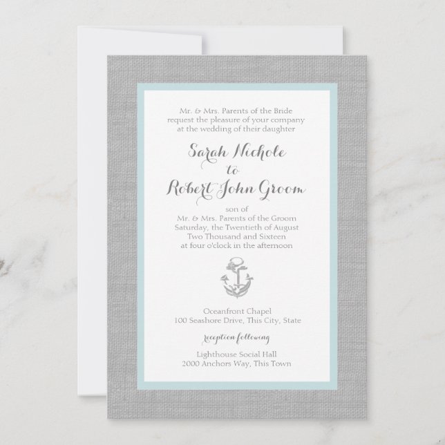 Anchor Grey Burlap Beach Wedding Invitation (Front)