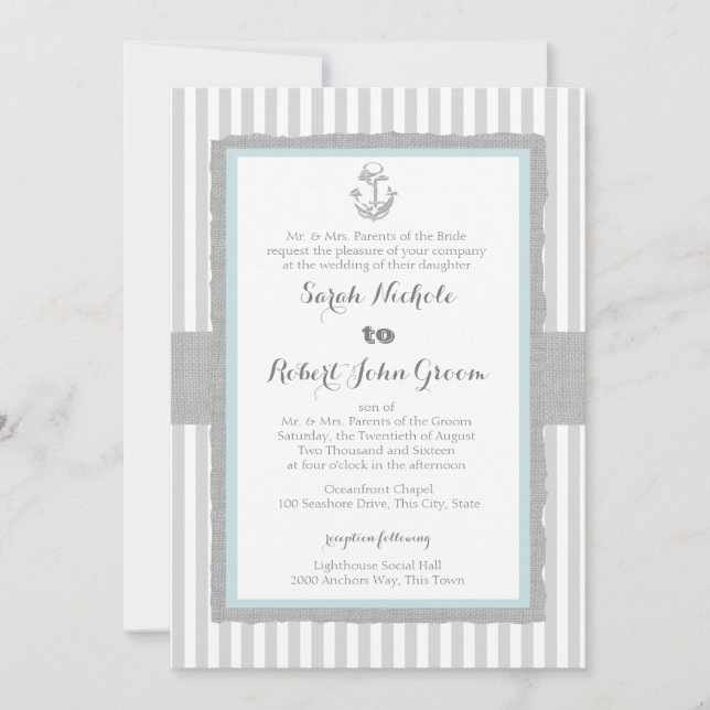 Anchor Grey Stripes Beach Wedding Invitation (Front)
