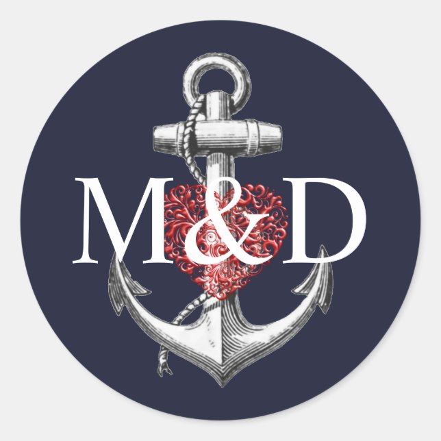 Anchor Heart Navy Wedding Classic Round Sticker (Front)