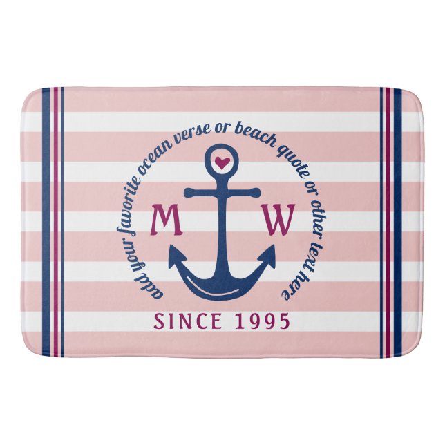 Anchor Heart Pink Stripes Nautical Monogram Logo Bath Mat (Front)