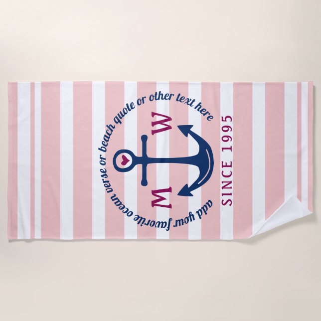 Anchor Heart Pink Stripes Nautical Monogram Logo Beach Towel (Front)