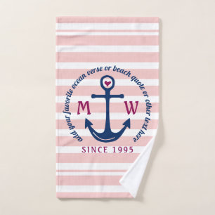 Anchor Heart Pink Stripes Nautical Monogram Logo Hand Towel