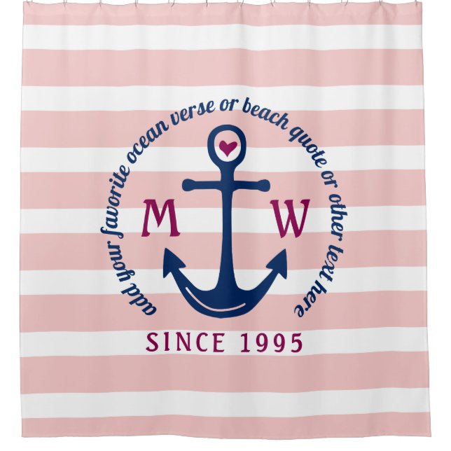 Anchor Heart Pink Stripes Nautical Monogram Logo Shower Curtain (Front)