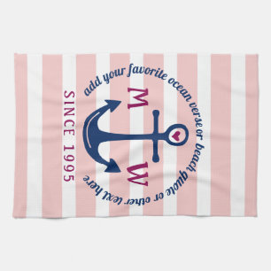 Anchor Heart Pink Stripes Nautical Monogram Logo Tea Towel