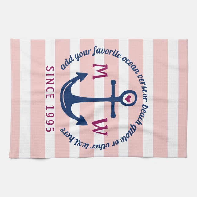 Anchor Heart Pink Stripes Nautical Monogram Logo Tea Towel (Horizontal)