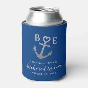 Anchor Heart Romantic Blue Nautical Wedding Silver Can Cooler