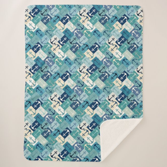 anchor herringbone blue sherpa blanket (Front)