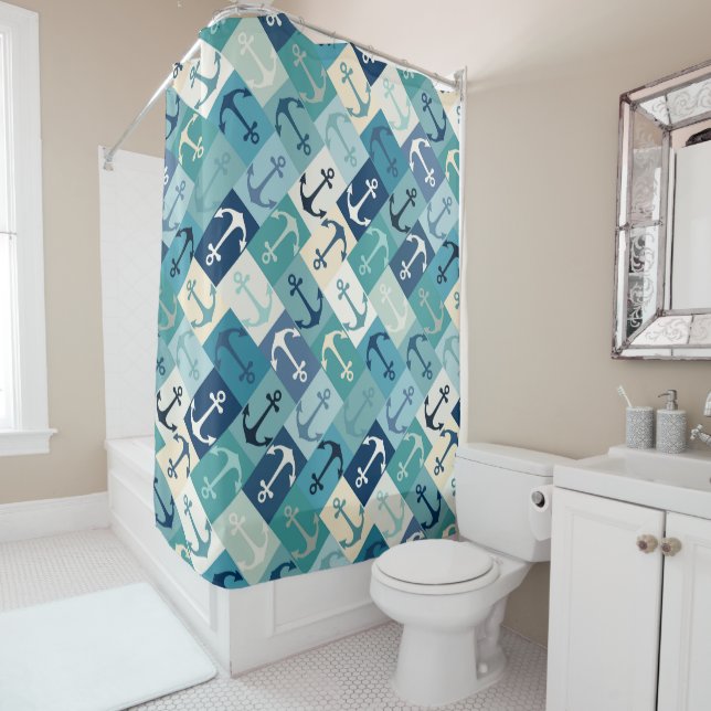 anchor herringbone blue shower curtain (In Situ)
