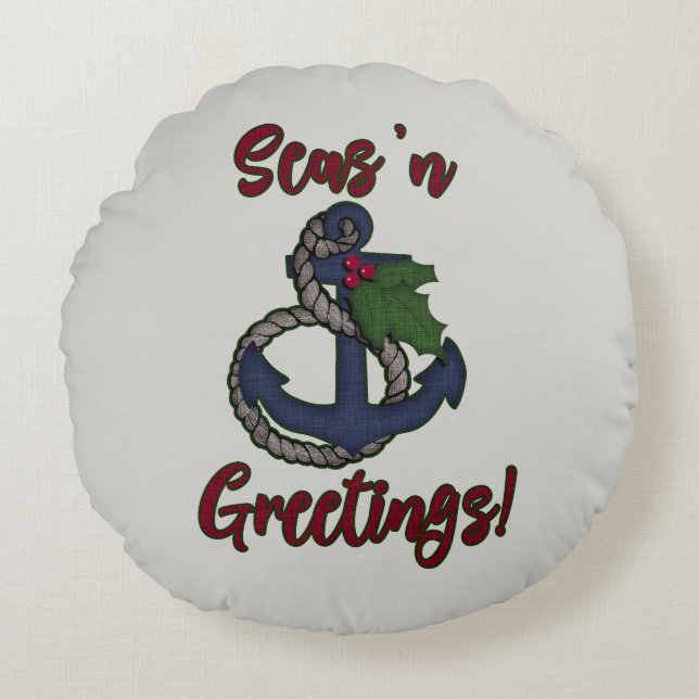 Anchor & Holly Leaves | Nautical Holiday Round Cushion (Front)