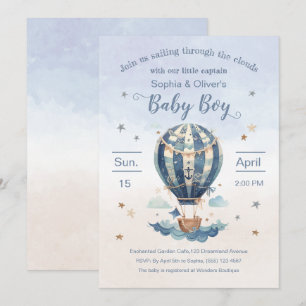 Anchor Hot Air Balloon Boy Baby Shower Watercolor Invitation