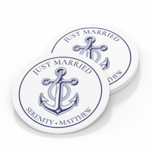 Anchor Just Married Navy Blue Nautical Wedding  Classic Round Sticker