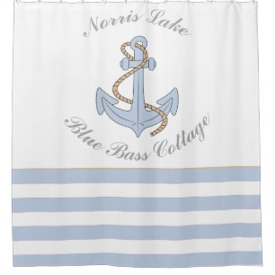 Anchor Lake Vacation Beach House Name Blue Stripes Shower Curtain