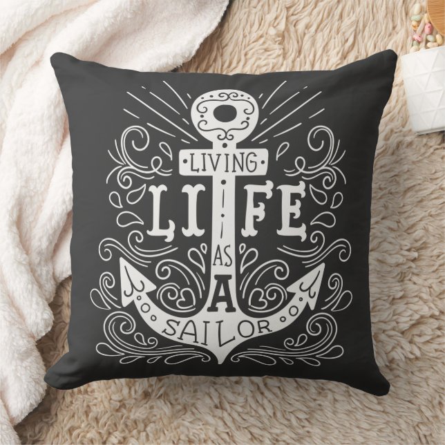 Anchor Life – Nautical Black Graphic Pillow (Blanket)