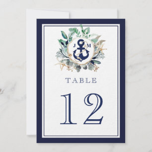 Anchor Monogram Greenery Navy Wedding Table Number