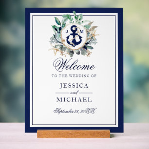 Anchor Monogram Greenery Wreath Wedding Welcome  Acrylic Sign