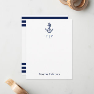 Anchor Monogram & Name Navy Blue & White Stripes Card