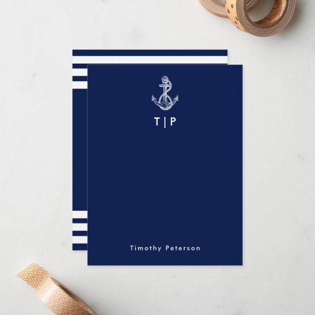 Anchor Monogram & Name Navy Blue & White Stripes Card (Front/Back In Situ)