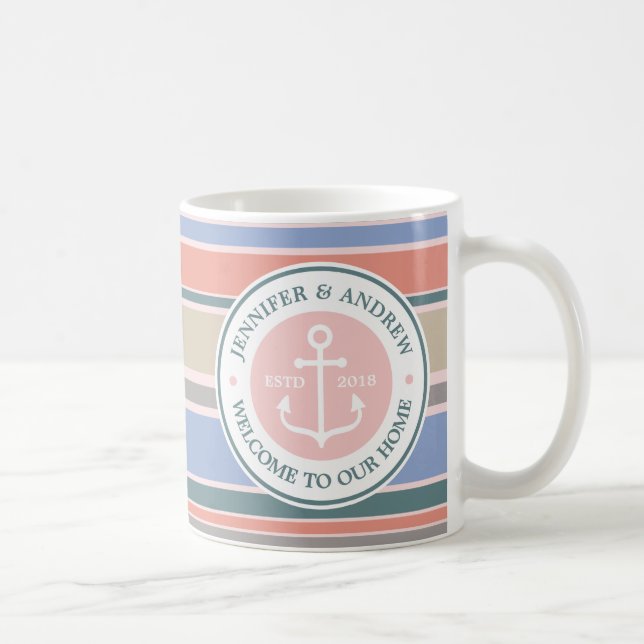 Anchor Monogram Trendy Stripes Pink Nautical Beach Coffee Mug (Right)