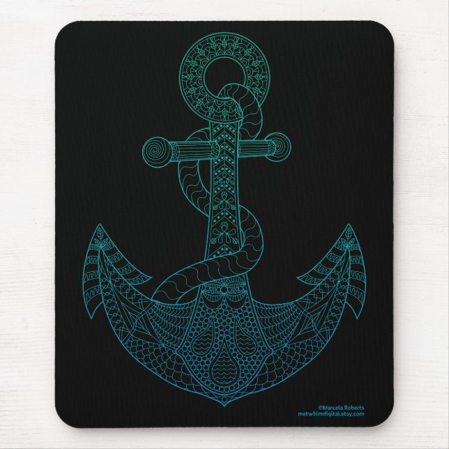 Anchor Nautical Art Outline Sea Blue Ombre Black Mouse Mat (Front)