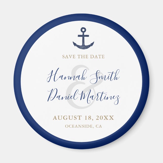 Anchor Nautical Blue Wedding Save the Date Round Magnet (Front)