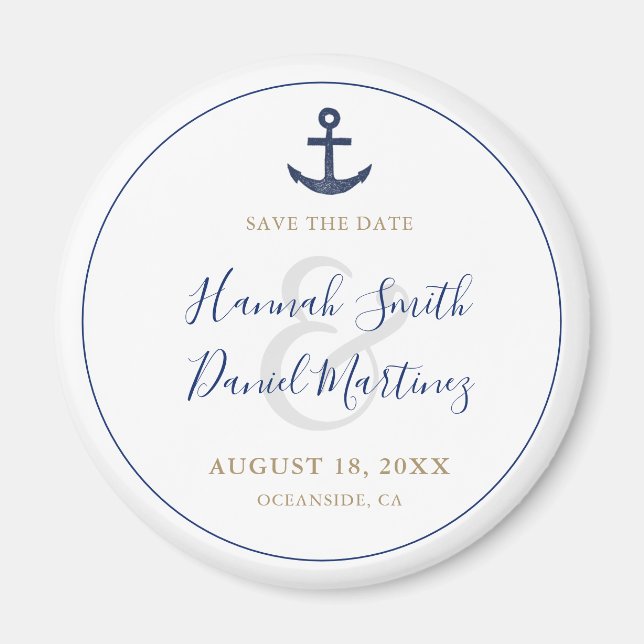 Anchor Nautical Blue Wedding Save the Date Round Magnet (Front)