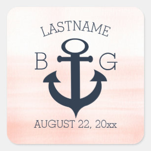 Anchor Nautical Blush and Navy Blue Monogram Square Sticker