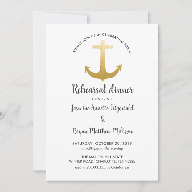 Anchor Nautical Faux Gold Foil | Rehearsal Dinner Invitation (Front)