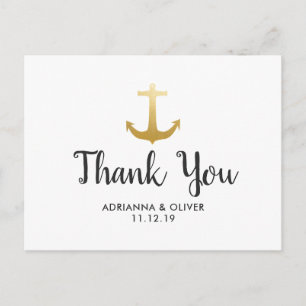 Anchor Nautical Faux Gold Foil   Wedding Thank You Postcard