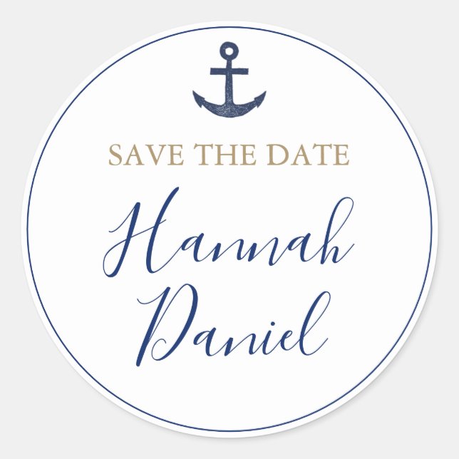 Anchor Nautical Navy Blue Wedding Save the Date Classic Round Sticker (Front)