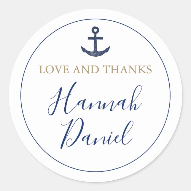 Anchor Nautical Navy Love and Thanks Wedding Favou Classic Round Sticker (Front)