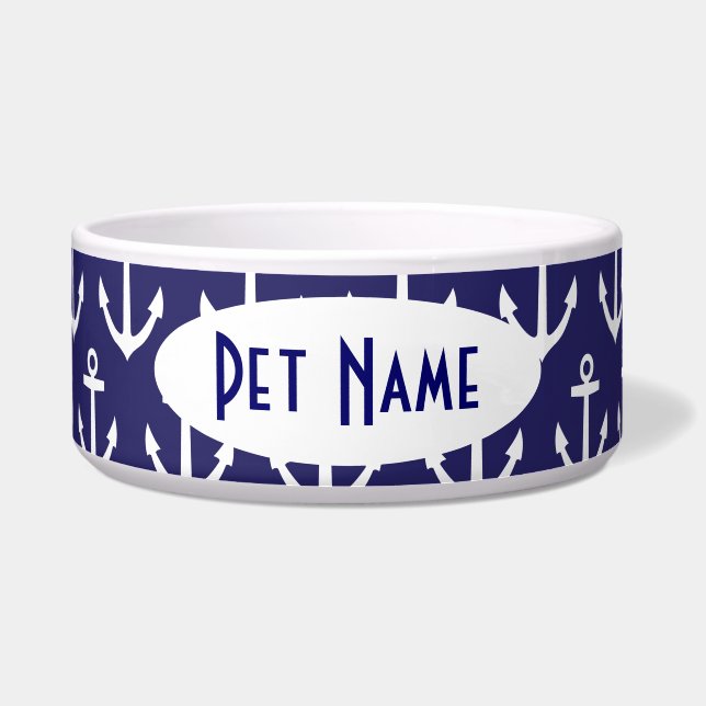 Anchor Nautical Navy Personalised Pet Bowl (Front)
