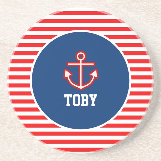 Anchor Nautical Navy Red and White Stripes Coaster (Front)