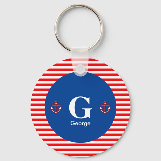 Anchor Nautical Navy Red White Stripes Pattern Key Ring (Front)