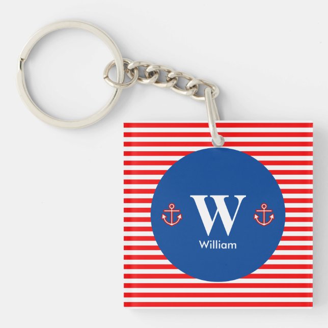 Anchor Nautical Navy Red White Stripes Pattern Key Ring (Front)