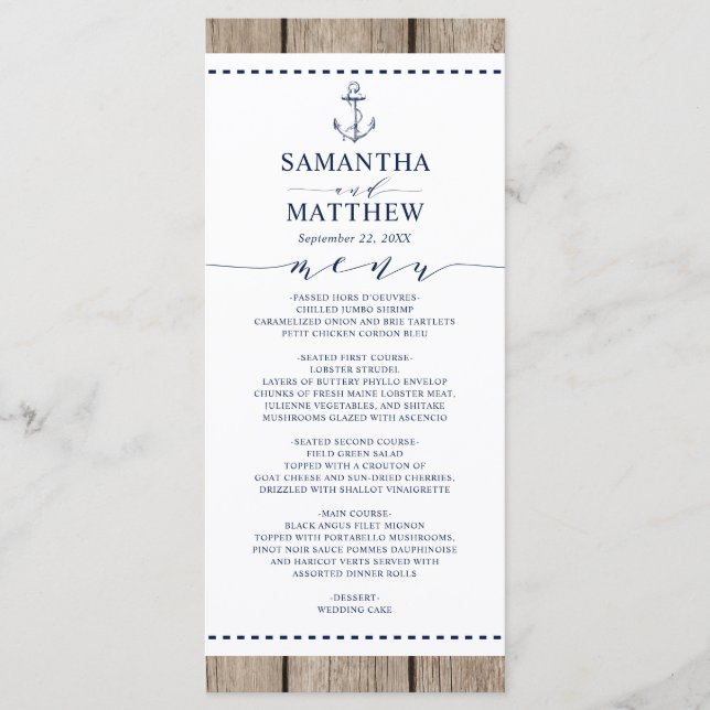 Anchor Nautical Navy Rustic Wood Wedding Menu (Front)