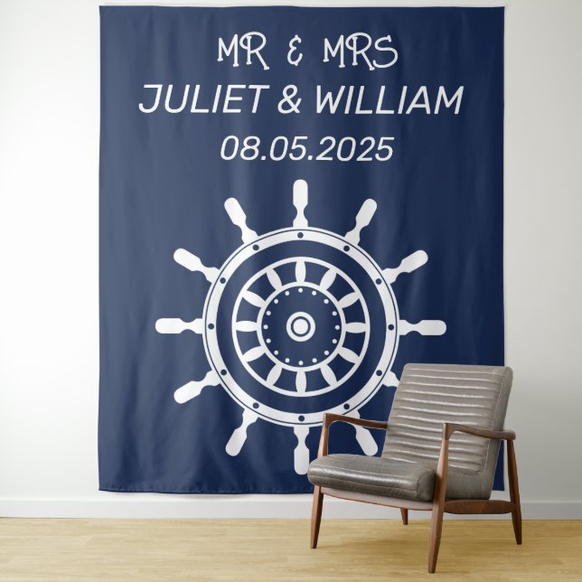 Anchor Nautical Navy Wedding Backdrop banner Tapestry (In Situ)