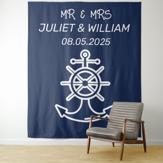 Anchor Nautical Navy Wedding Backdrop banner Tapestry (In Situ)