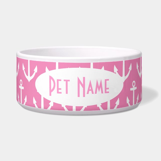 Anchor Nautical Pink Personalised Pet Bowl (Front)