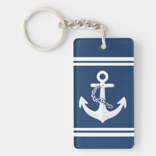 Anchor Nautical Sailing Boating White Navy Blue Key Ring
