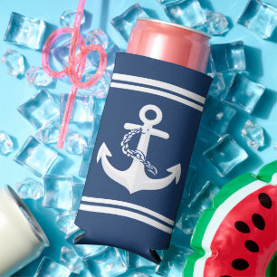 Anchor Nautical Sailing Boating White Navy Blue Seltzer Can Cooler