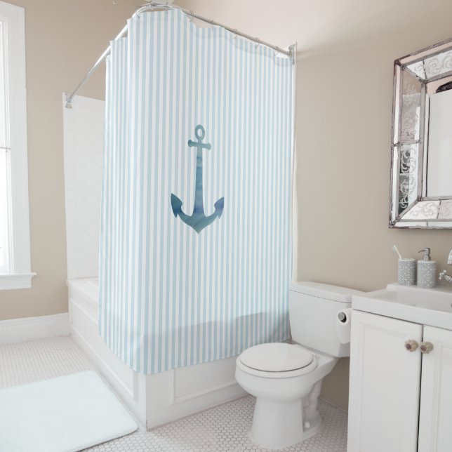 Anchor Nautical Stripe Pattern Coastal  Shower Curtain (In Situ)