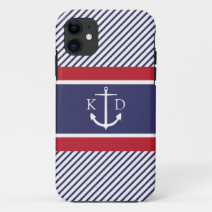Anchor & Nautical Stripes & Monogram Navy & Red iPhone 11 Case