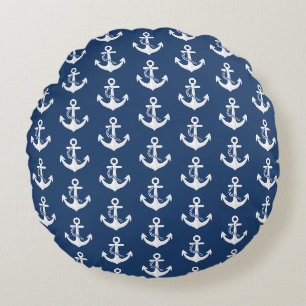 Anchor Nautical Symbol Classic White Navy Blue Round Cushion