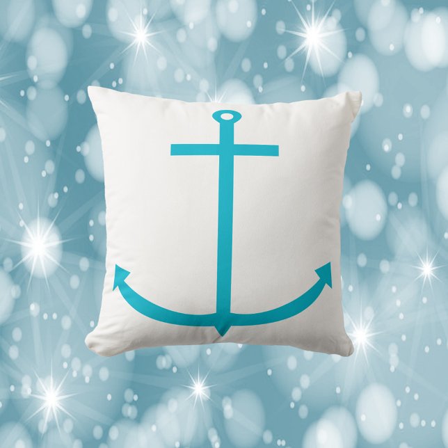 Anchor Nautical Turquoise Blue Cushion (A throw pillow with a turquoise boat anchor)
